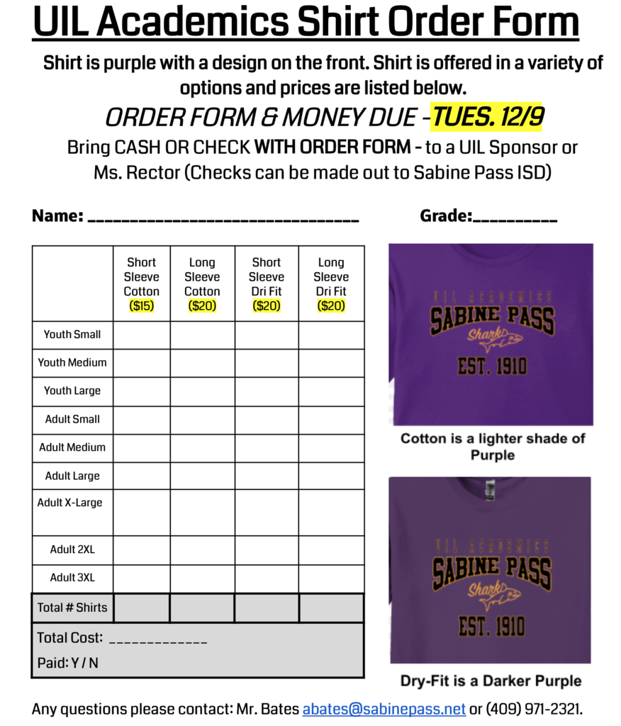 UIL Academic Shirt Order Form