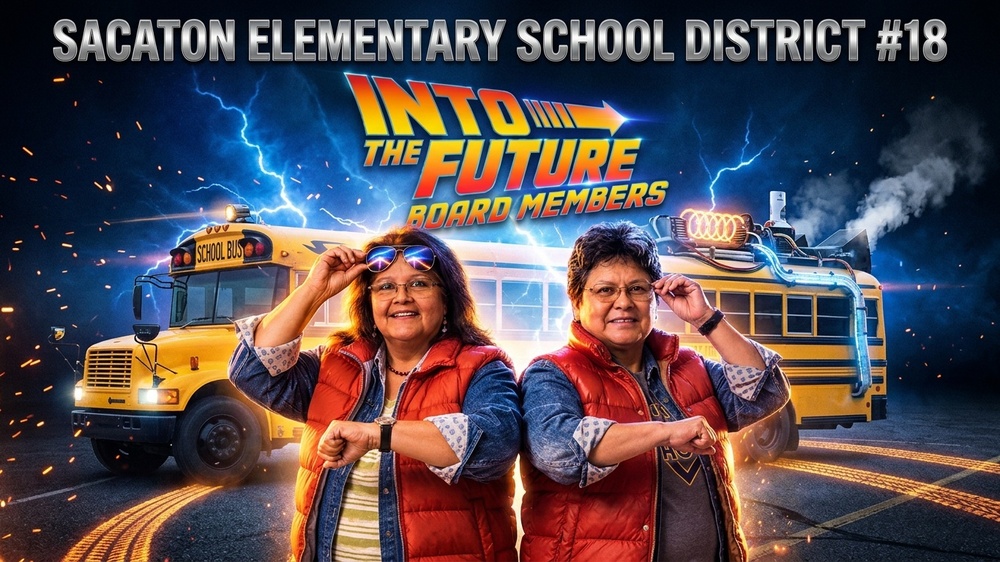 Featured Photo Caption: Great Scott! Governing Board Members Jane Johnson (left) and Karen White (right) are helping drive Sacaton Elementary School District #18 Into the Future! With more than two decades of combined Board service, distinguished ASBA professional development achievements, and an unwavering commitment to Sacaton students, these two extraordinary women demonstrate that the decisions we make today can change tomorrow. No DeLorean required — just a fleet of yellow school buses, 88 MPH of commitment, and 1.21 gigawatts of Braves pride!