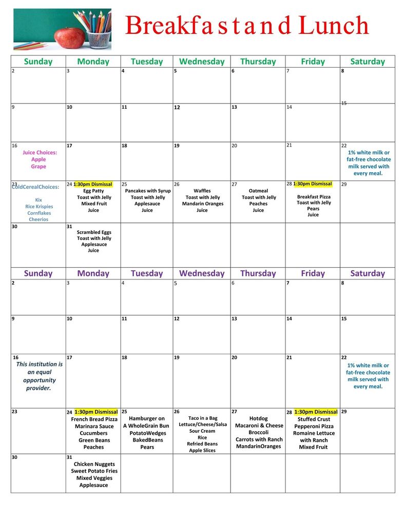 August 26-27 Menu
