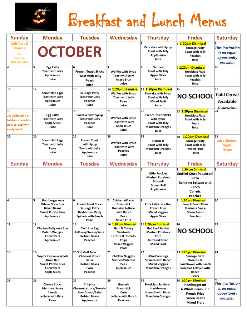 October Menu 2026