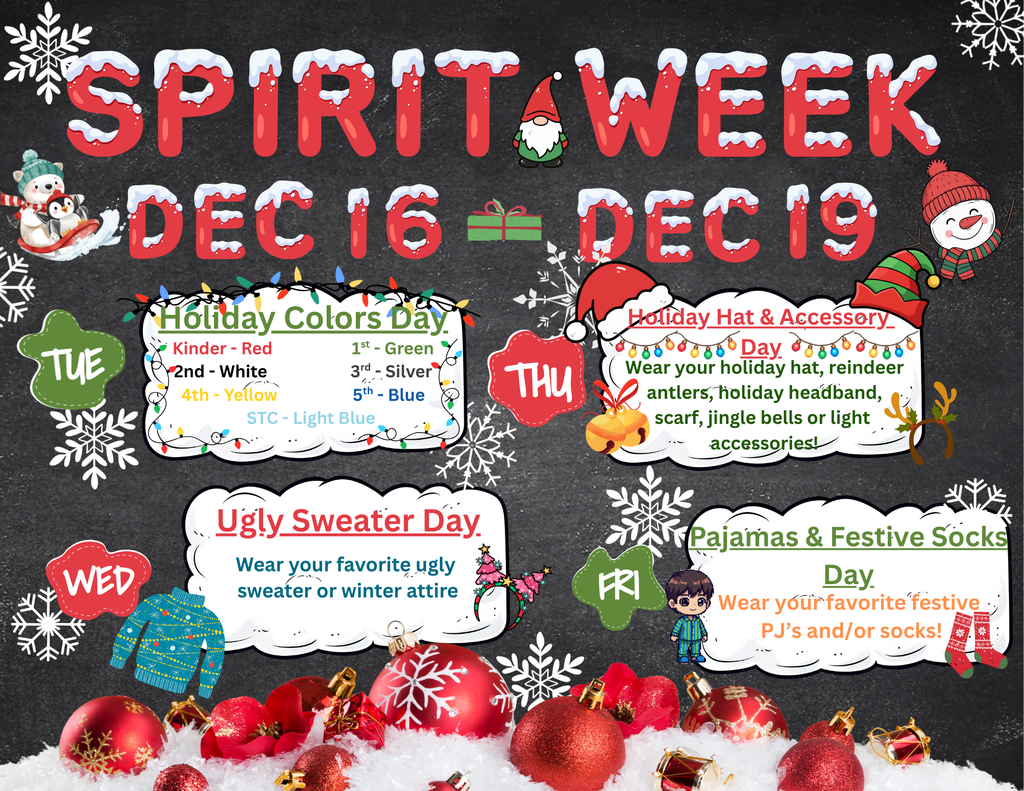 Spirit week Dec 16th - Dec 19th
