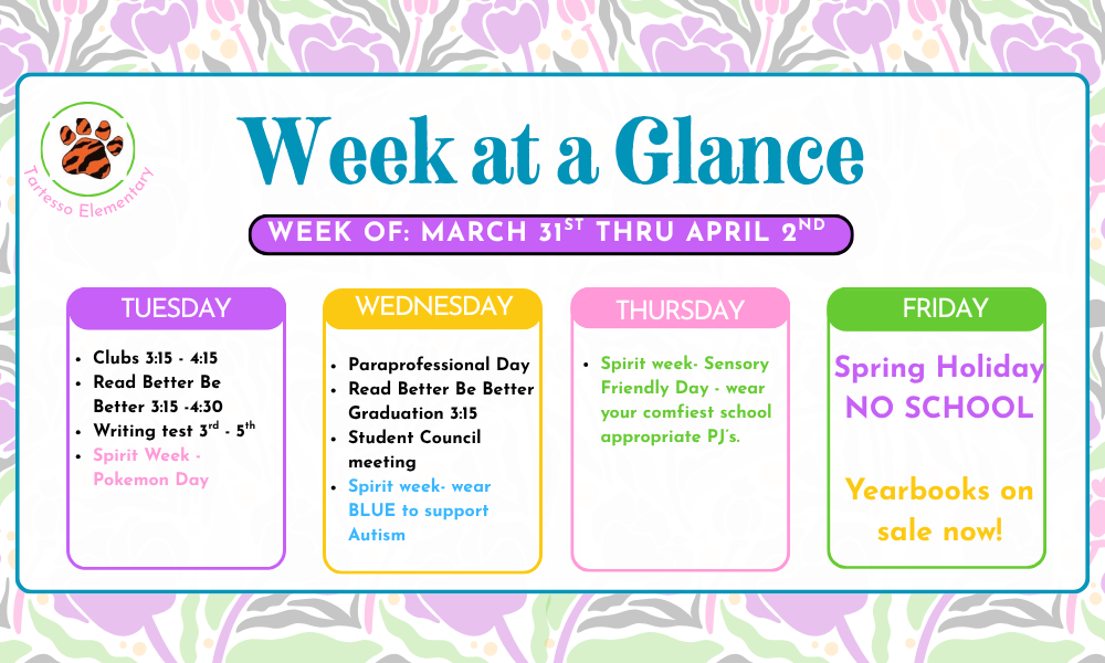 Week at a glance March 31-April 2
