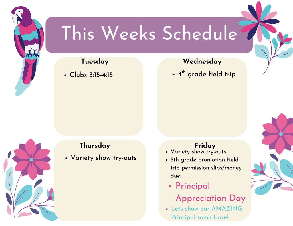 This weeks at a glance April 28 - May 1