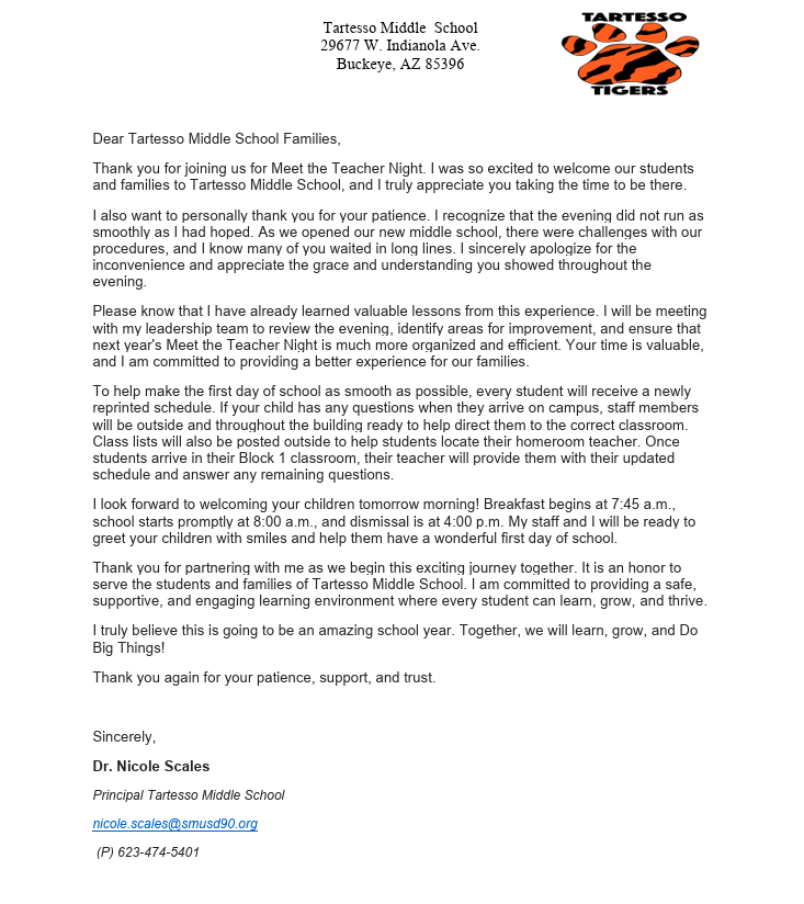 Meet the Teacher Night Letter