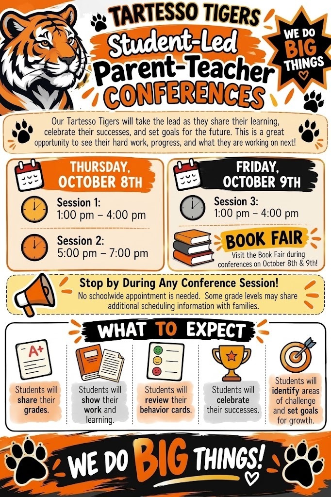 Students will have Early Release at 12:15 PM on October 8th and 9th for Parent Teacher Conferences, The Book Fair will also be held in the library from October 6-9. Make sure to stop by!