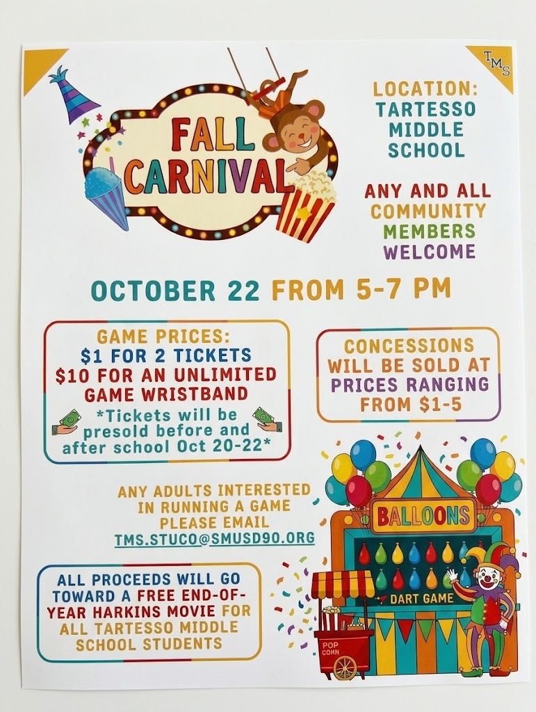 In case you missed it the first time... mark your calendars! 🎡🍿 Don't forget to join us for the Tartesso Middle School Fall Carnival on October 22 from 5–7 PM! Presale tickets and wristbands are available before and after school starting today! 🎟️✨