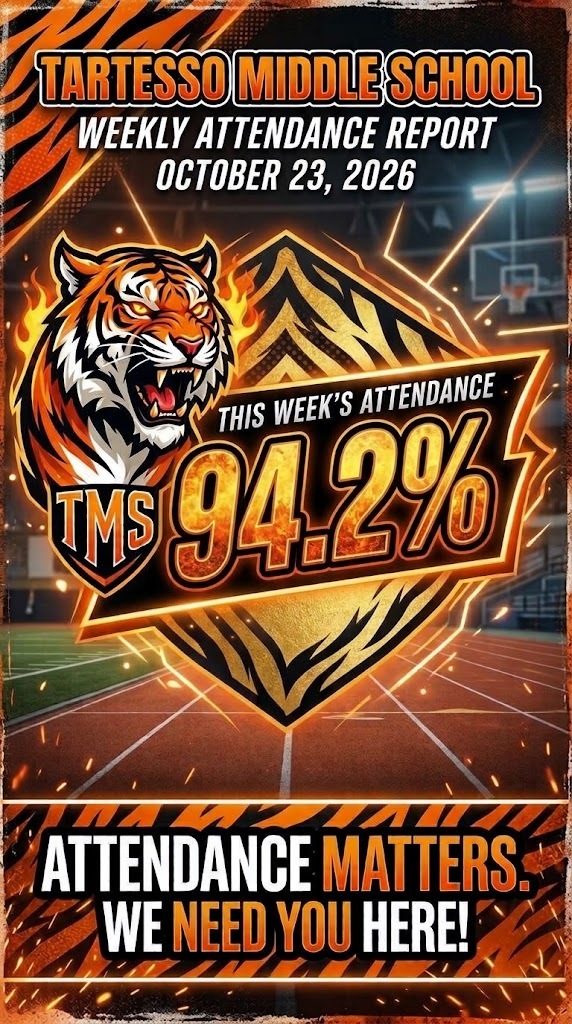 Tigers, we are ROARING with pride! 🐯 We hit a fantastic 94.2% attendance record this week! Every student is an essential part of our team, and when you’re here, we all win. We need you here! Let's keep this momentum going, Tartesso! #TartessoTigers #AttendanceMatters #TigerPride 🐾🏆