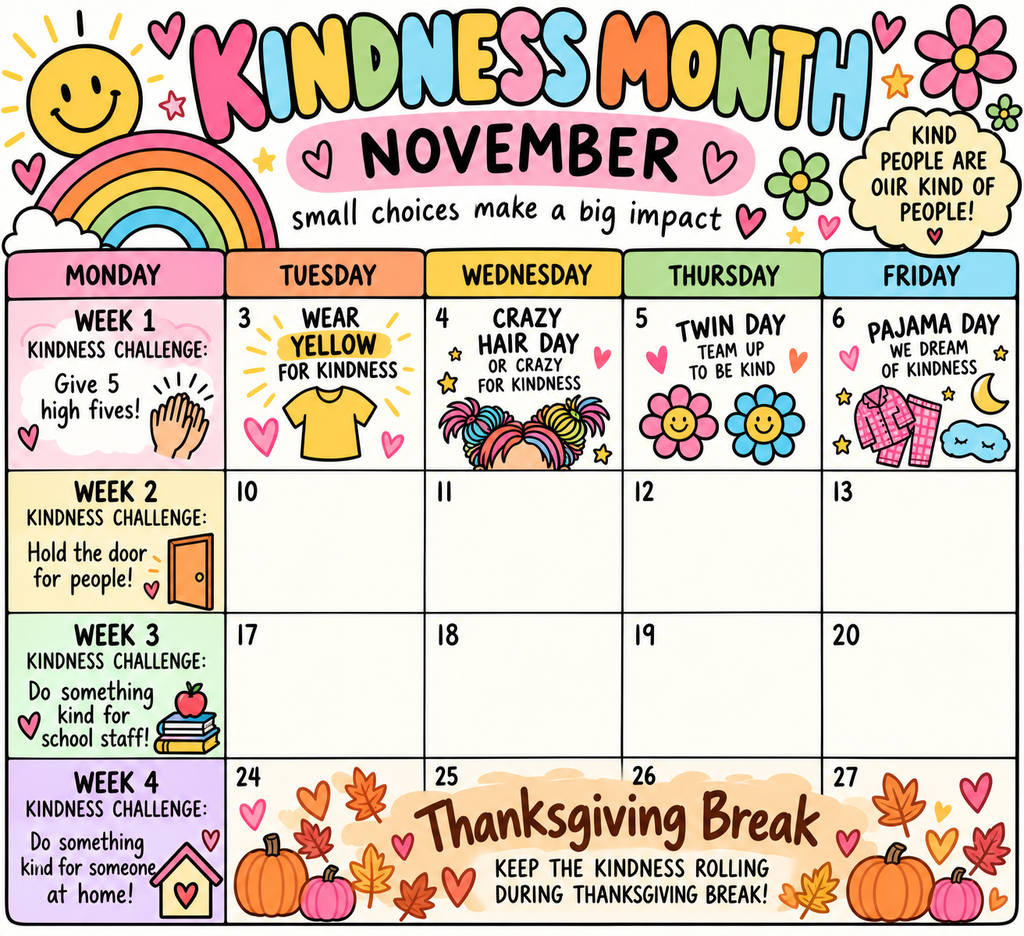 Kindness Month Calendar and Spirit Week