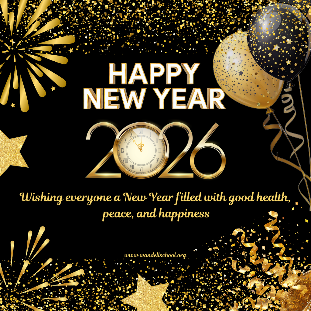 2026 with gold clock, fireworks, balloons, and glitter.