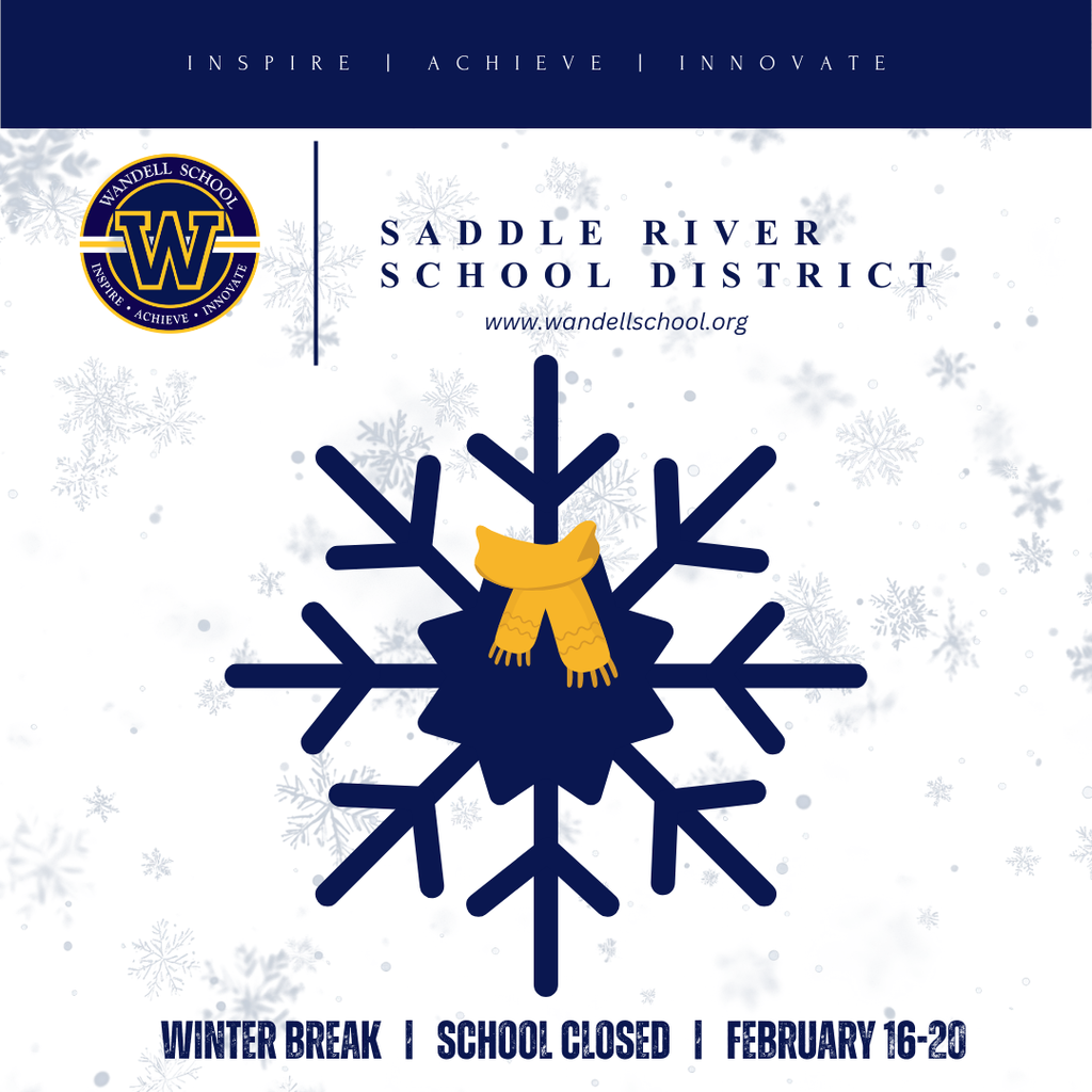 Navy blue snowflake wearing a gold scarf with snowflakes in the background and the Wandell school logo