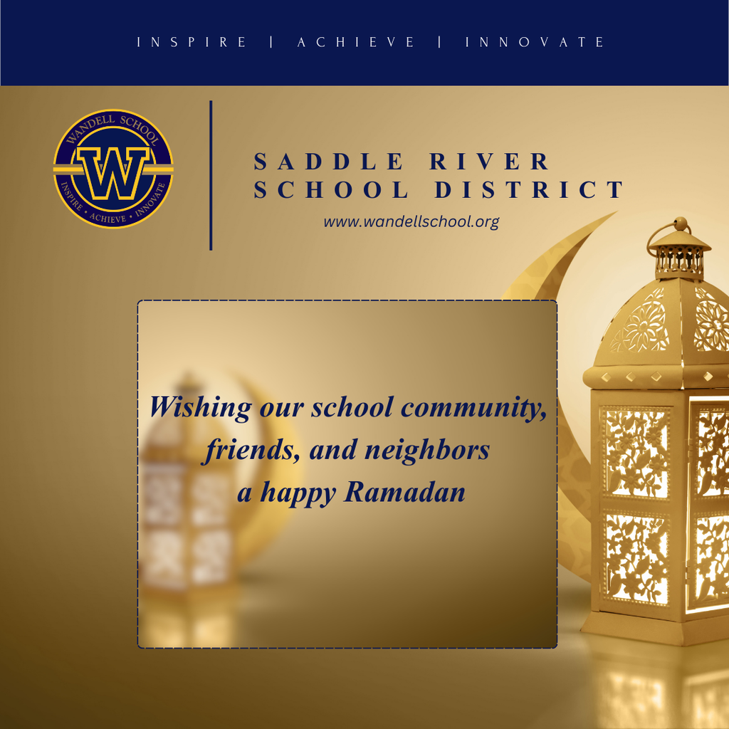 Gold and blue Ramadan with Saddle River logo and school information