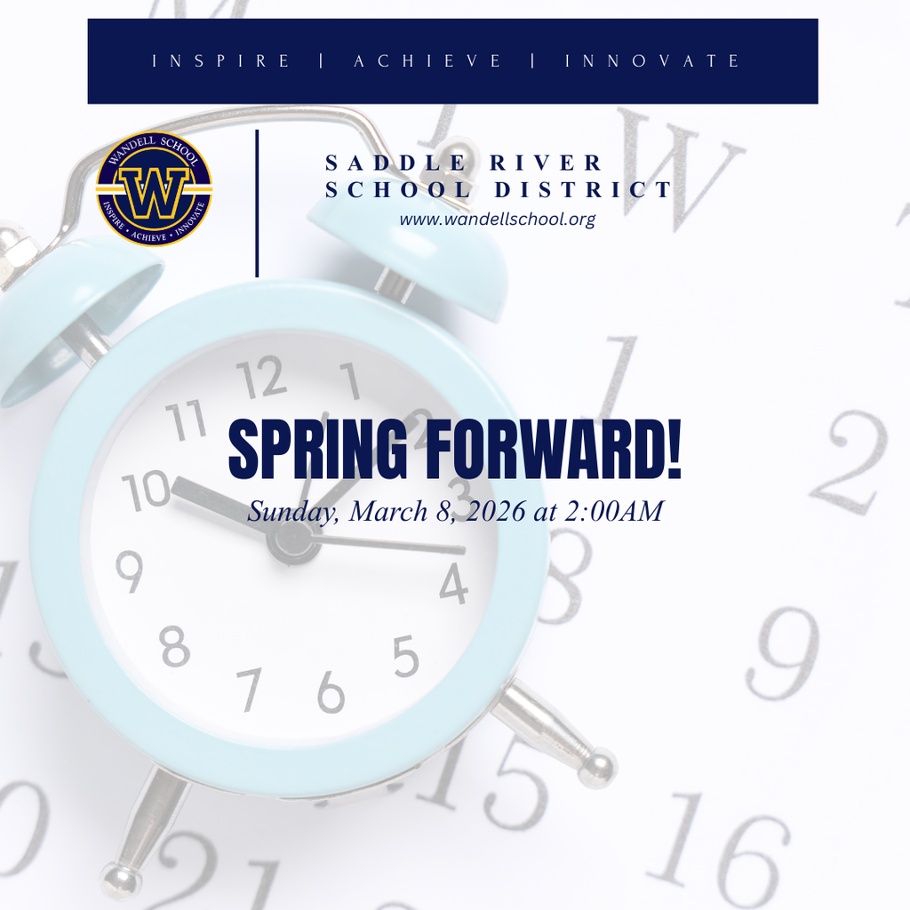 alarm clock with Saddle River logo and spring forward date and time