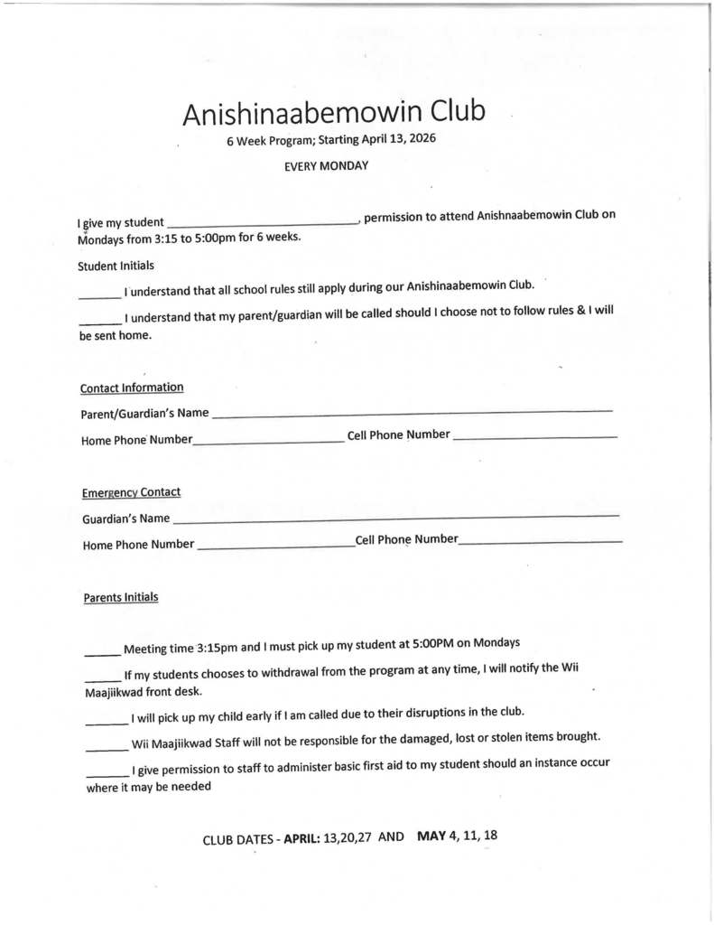 Registration Form Anishinaabemowin Club