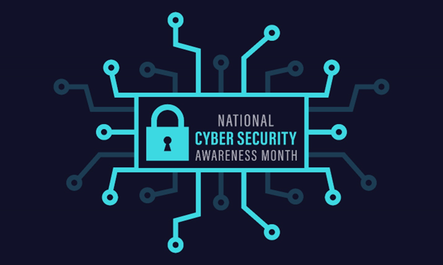 A blue and teal graphic with the words national cyber security awareness month inside with a lock set showign all the paths you can go