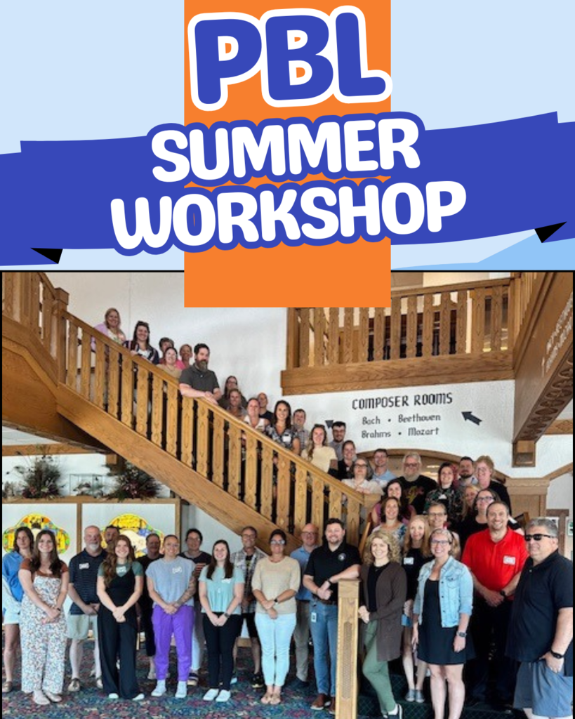 A group of educators pose together on a staircase and in front of a wall labeled "Composer Rooms" (Bach, Beethoven, Brahms, Mozart) during the PBL Summer Workshop. The photo features approximately 40 people smiling in a warmly lit interior with wooden railings and colorful carpet. At the top of the image, a bold graphic banner reads “PBL Summer Workshop” in blue and orange.