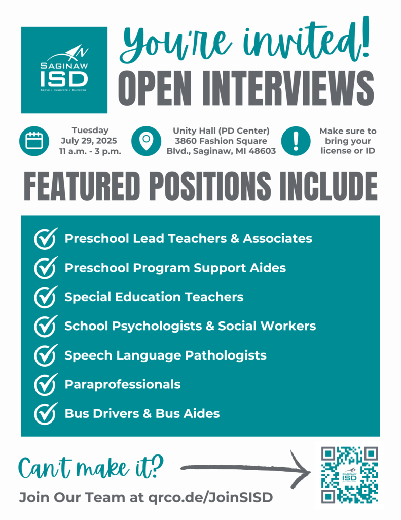 🚨 We're hiring! 🚨 Join us for Open Interviews on Tuesday, July 29 from 11 a.m. to 3 p.m. at Unity Hall (3860 Fashion Square Blvd., Saginaw).  We’re looking for passionate professionals to fill roles in: ✔️ Early Childhood ✔️ Special Education ✔️ Transportation ✔️ Student Support Services  Bring your ID and come ready to meet our team!  📲 Can’t make it? Apply online at sisd.cc/page/join-our-team #SaginawISD #JoinOurTeam #OurStory