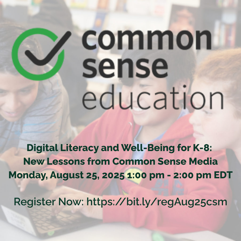 Three elementary-aged students sit closely together, smiling and working on laptops in a classroom setting. Overlaid text reads: “Common Sense Education. Digital Literacy and Well-Being for K–8: New Lessons from Common Sense Media. Monday, August 25, 2025 | 1:00 pm – 2:00 pm EDT. Register Now: https://bit.ly/regAug25csm.” The Common Sense Education logo, a green circle with a black checkmark, appears at the top.