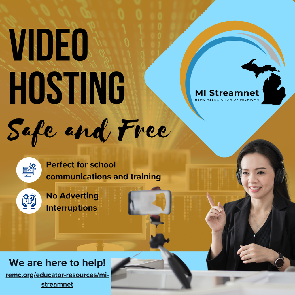 Promotional graphic for MI Streamnet by the REMC Association of Michigan. The background features digital binary code and computer monitors in gold. A smiling woman with a headset gestures toward a smartphone on a tripod. The MI Streamnet logo appears in the top right.