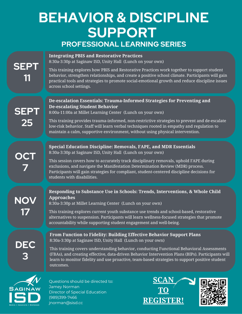 Behavior and Discipline Training options listed by date, with QR code for registration in bottom right-hand corner