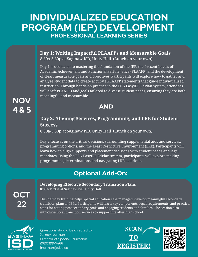 Training dates listed for IEP writing training. QR code to register in lower right-hand corner