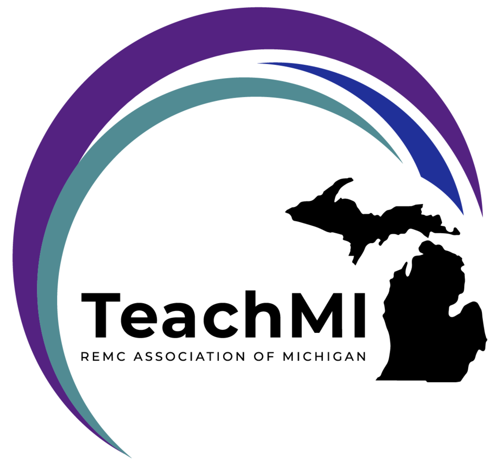 TeachMI logo featuring the text 'TeachMI REMC Association of Michigan' in black, with silhouettes of Michigan’s Upper and Lower Peninsulas. Three curved swooshes in purple, teal, and blue arc above the text and state outlines." Would you like me to also create a shorter version optimized for accessibility (e.g., for screen readers in digital documents)?