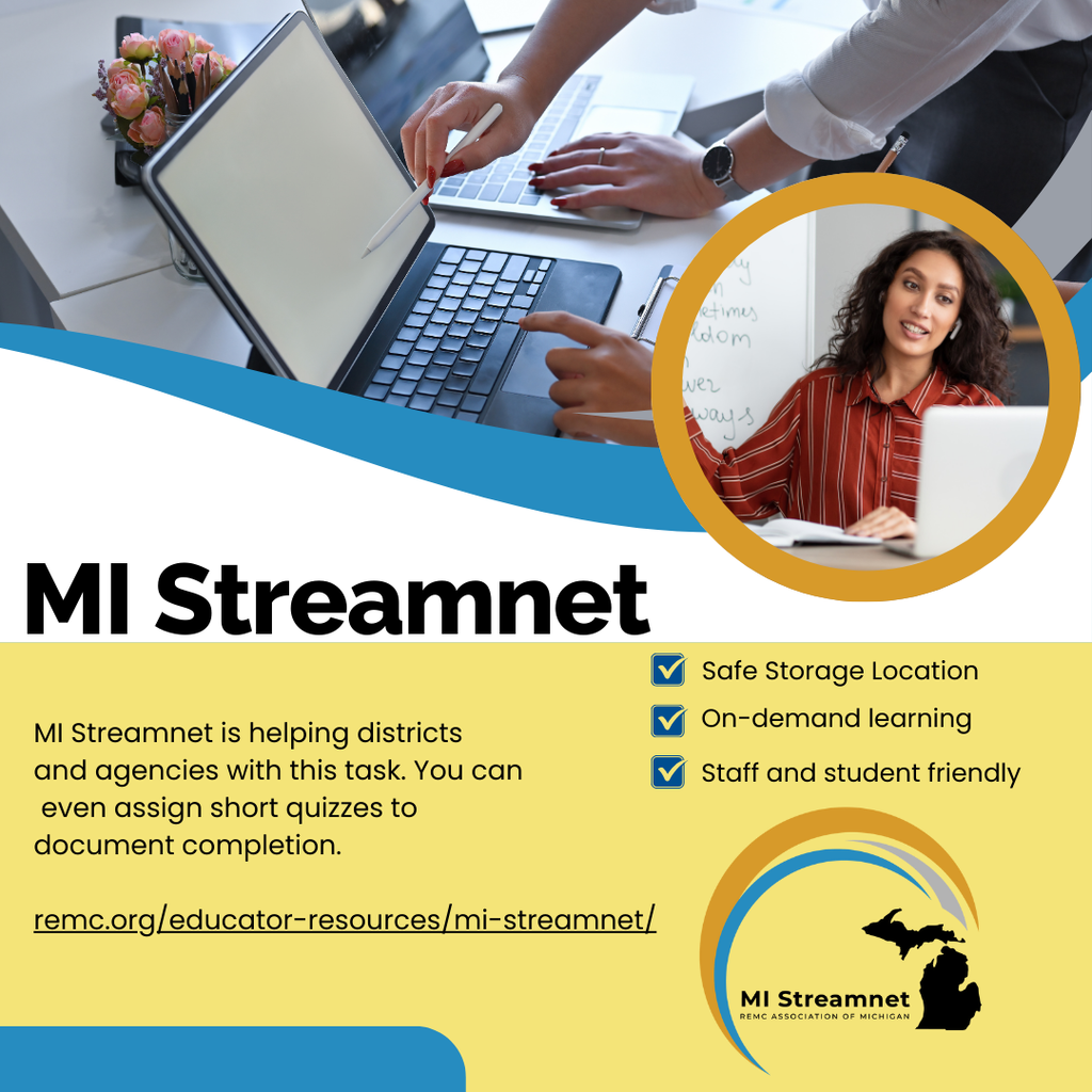 Graphic promoting MI Streamnet, showing people collaborating on laptops and a female educator on a video call. Highlights include safe storage, on-demand learning, and staff/student-friendly features. Colors are blue, yellow and grey with the MI Streamnet logo in the bottom right.