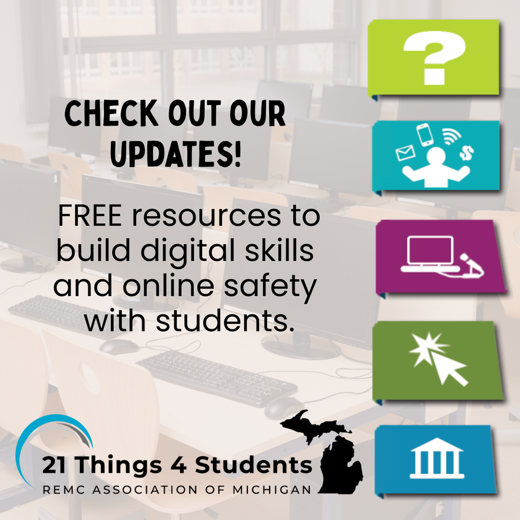  Graphic promoting REMC's “21 Things 4 Students” digital learning resource. Background shows a computer lab with rows of desktop computers and chairs. On the right, five colorful icons represent different digital skill categories: a green question mark, a teal box with a person using tech, a purple computer with a microphone, a green cursor arrow, and a blue government building. Bottom includes the 21 Things 4 Students logos.