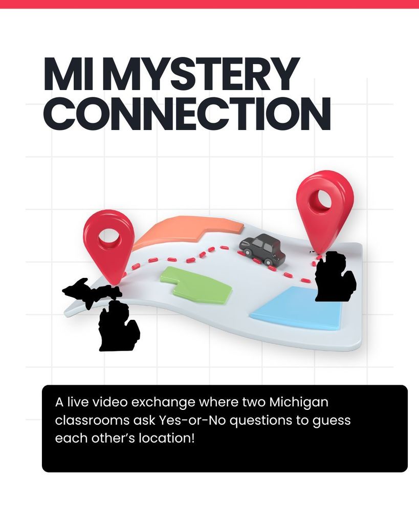 Promotional graphic for “MI Mystery Connection.” The top text reads “MI Mystery Connection” in bold black letters. Below, an illustrated map shows two red location pins connected by a dotted red path, with a small car between them. The map features colorful sections in orange, green, and blue. Black silhouettes of Michigan’s Lower and Upper Peninsulas appear near the pins. At the bottom, a black box contains white text: “A live video exchange where two Michigan classrooms ask Yes-or-No questions to guess each other’s location!”