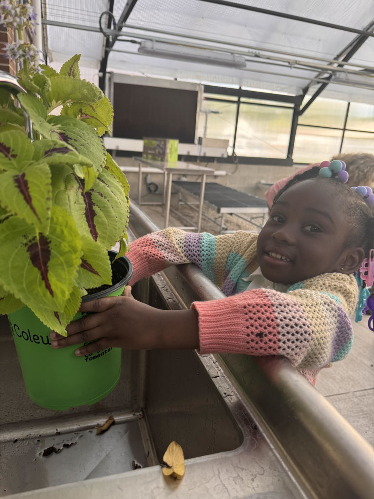 Student helping to water community plants in greenhouse.