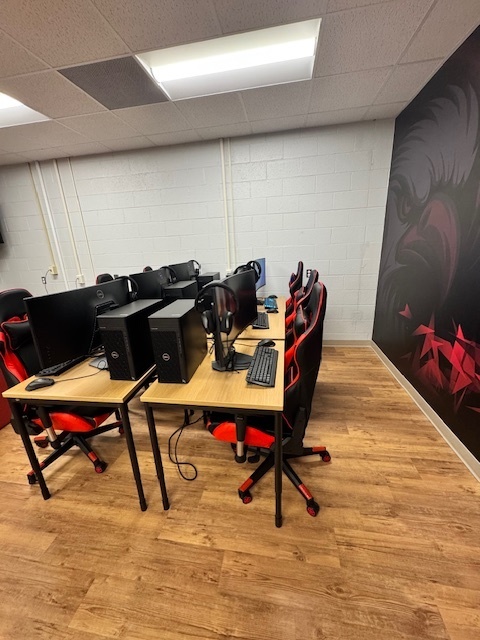 A photo of a row of gaming stations in an esports lab. Each desk has a desktop computer, keyboard, mouse, and a black-and-red gaming chair. The room has wood-look flooring and a wall with a stylized red graphic design in the corner.