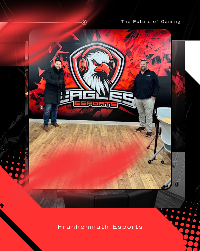 A promotional graphic titled “The Future of Gaming” featuring a photo of two men standing in front of a large red-and-black Frankenmuth Eagles Esports wall mural. The mural shows a stylized eagle wearing gaming headphones above the word “Eagles Esports.” The men stand on a wood-look floor, smiling and posing beside the logo. The design includes red abstract graphics and dots around the edges, with “Frankenmuth Esports” written at the bottom.