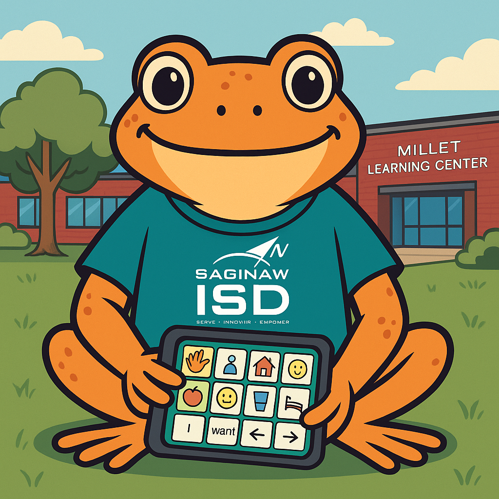 A cheerful cartoon orange frog sits on grass in front of the Millet Learning Center building, smiling and wearing a teal Saginaw ISD T-shirt. The frog holds an AAC device with a TD Snap–style grid of colorful symbols, including “I want,” people, food, and action icons. Trees and a school building appear in the background, creating a welcoming, school-based setting that represents inclusive communication and assistive technology.