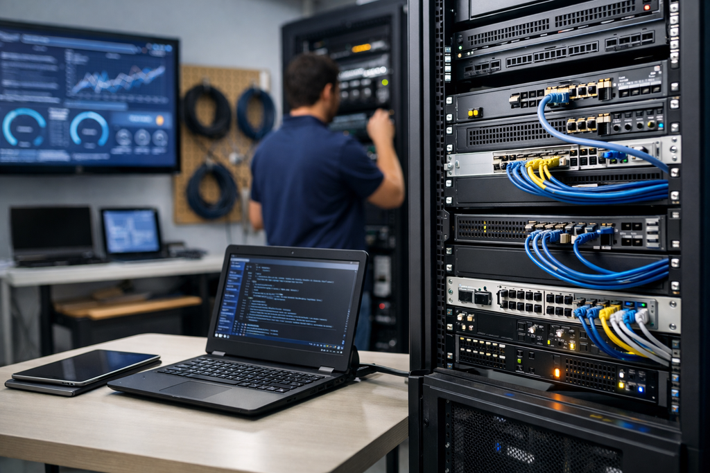 A person works in a server room, standing in front of tall equipment racks filled with networking hardware and blue and yellow cables. In the foreground, a desk holds an open laptop displaying lines of code, a tablet, and a smartphone. A wall-mounted monitor in the background shows system graphs and performance dashboards, creating a modern IT workspace focused on network management and troubleshooting.