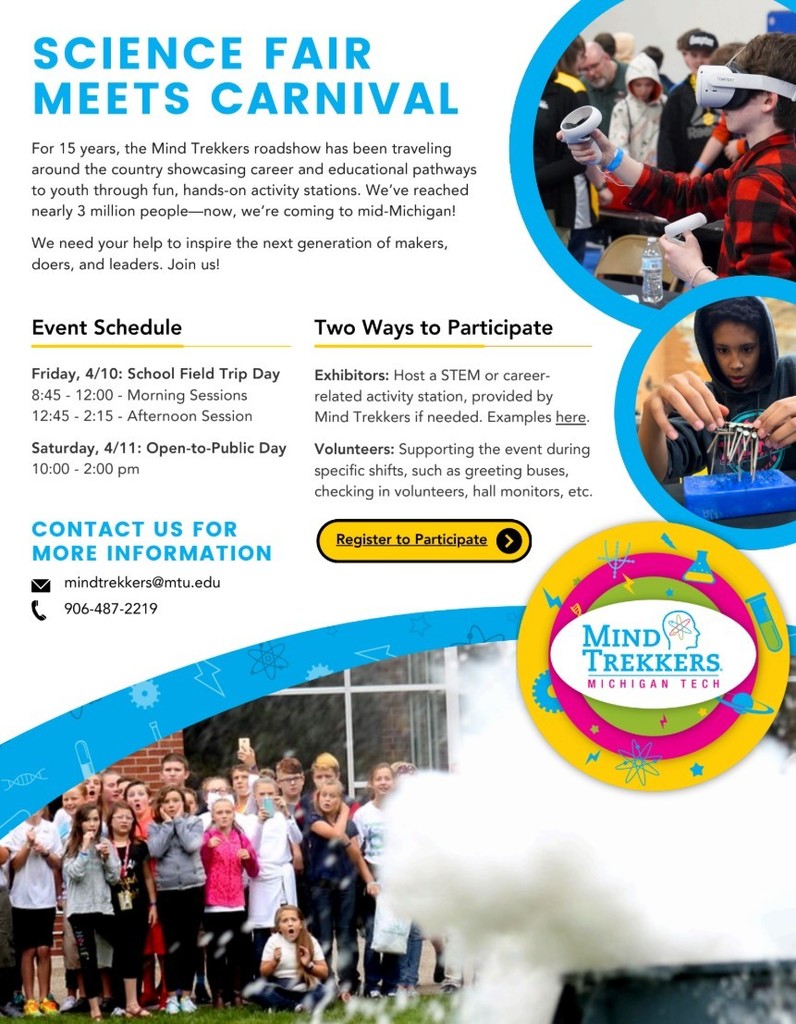 Promotional flyer for the “Next Gen STEM Hemlock Festival” featuring a photo of a group of middle and high school students smiling and engaging in a hands-on STEM activity. Large text reads “Inspire With Us!” and “Next Gen STEM Hemlock Festival, powered by Mind Trekkers Michigan Tech.” Event details list April 10–11, 2026 at Hemlock High School. The flyer invites local businesses, community partners, and industry leaders to be exhibitors, highlighting connections with over 2,000 students and families. A section titled “Be an Exhibitor” notes no cost to participate, coffee and lunch provided, and options to bring or borrow hands-on activities. The flyer includes a QR code, registration deadline of March 6, 2026, sponsor logos, and Mind Trekkers website and social media information.