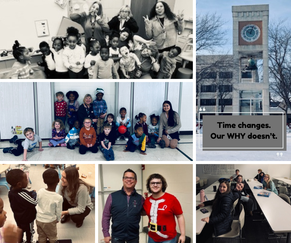 Collage of Saginaw ISD students and staff in classrooms and learning spaces, surrounding a central image of the Saginaw County clock tower, representing that students are at the heart of everything we do.