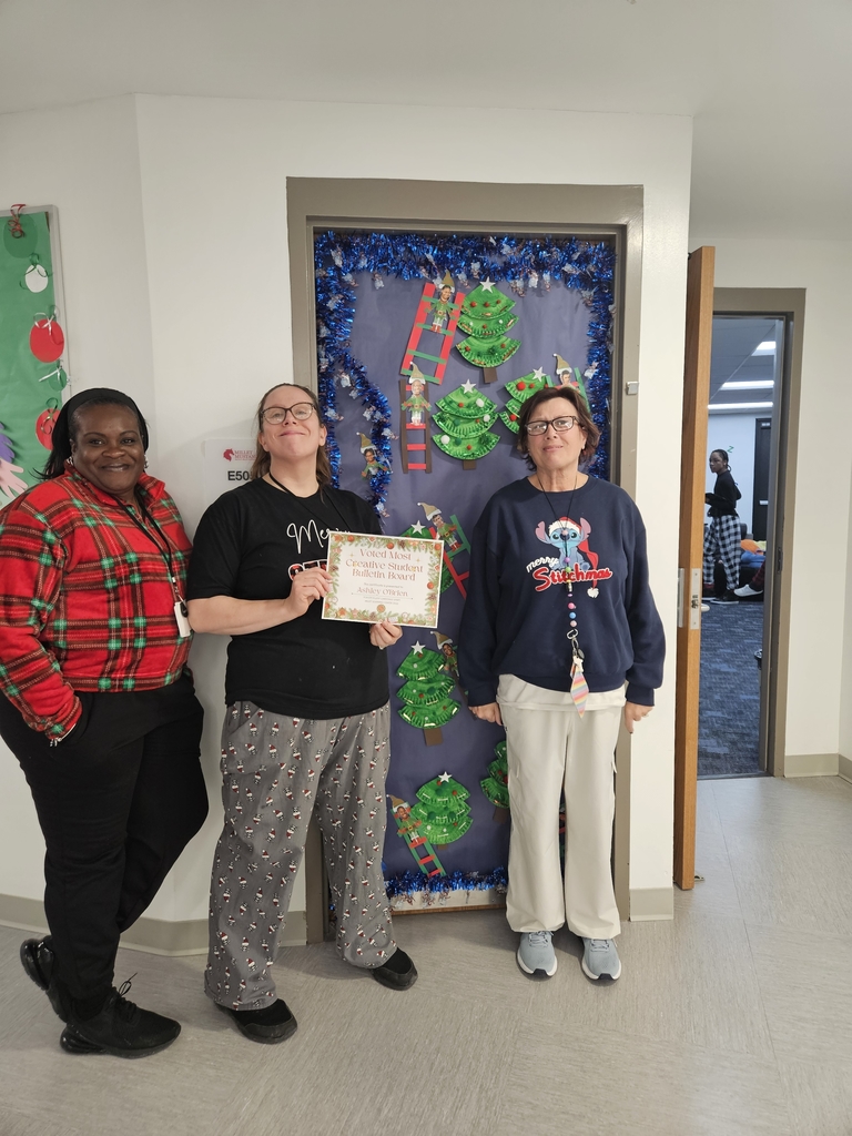In true Christmas spirit fashion, Millet Learning Center staff had a bulletin board contest where all students and staff had the opportunity to vote.  Today the winners received a certificate and some cookies.  Congrats to Ms. Sarah's class, Ms. Ashley's class and the Nursing staff!