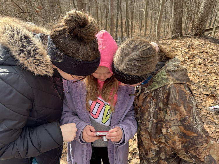 students and teacher looking at photos on a camera
