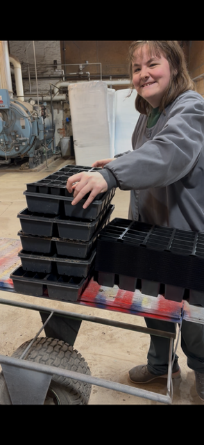 Student stacking pallets
