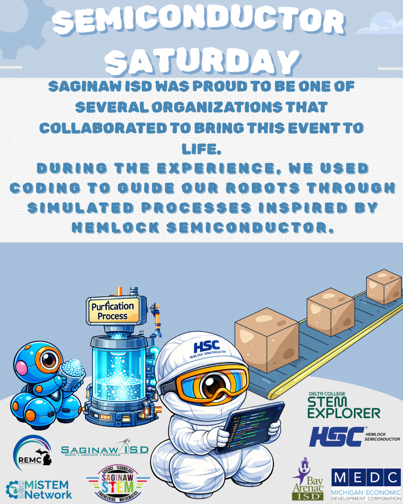 Flyer titled “Semiconductor Saturday” with a light blue background. Text explains that Saginaw ISD collaborated with multiple organizations to host the event and that participants used coding to guide robots through simulated processes inspired by Hemlock Semiconductor. The bottom features cartoon-style graphics of a small robot, a purification machine labeled “Purification Process,” and a character in a protective suit using a tablet next to a conveyor belt with boxes. Logos included are REMC, Saginaw ISD, MiSTEM Network, Saginaw STEM, Delta College STEM Explorer, Hemlock Semiconductor (HSC), Bay Arenac ISD, and MEDC.