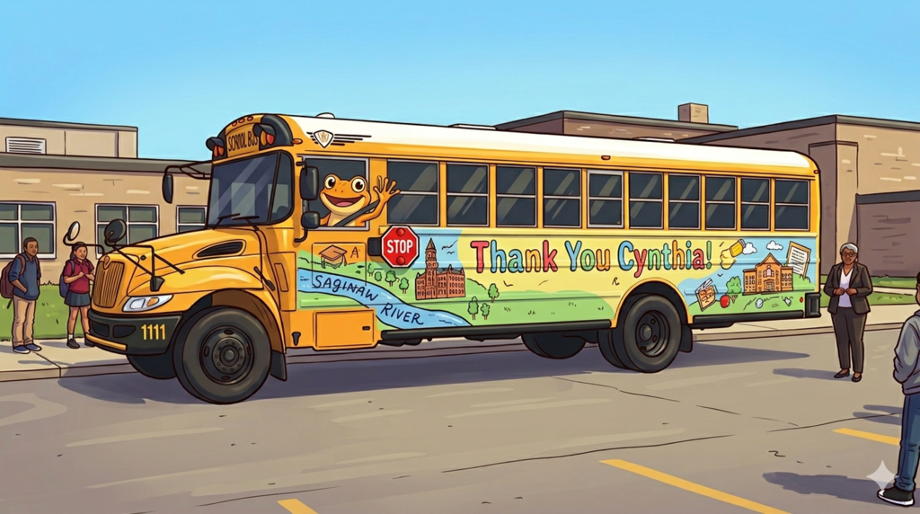 School bus parked outside of a building with an orange frog waving out of the drivers side window. The bus has a graphic on the side that says "Thank You Cynthia!"