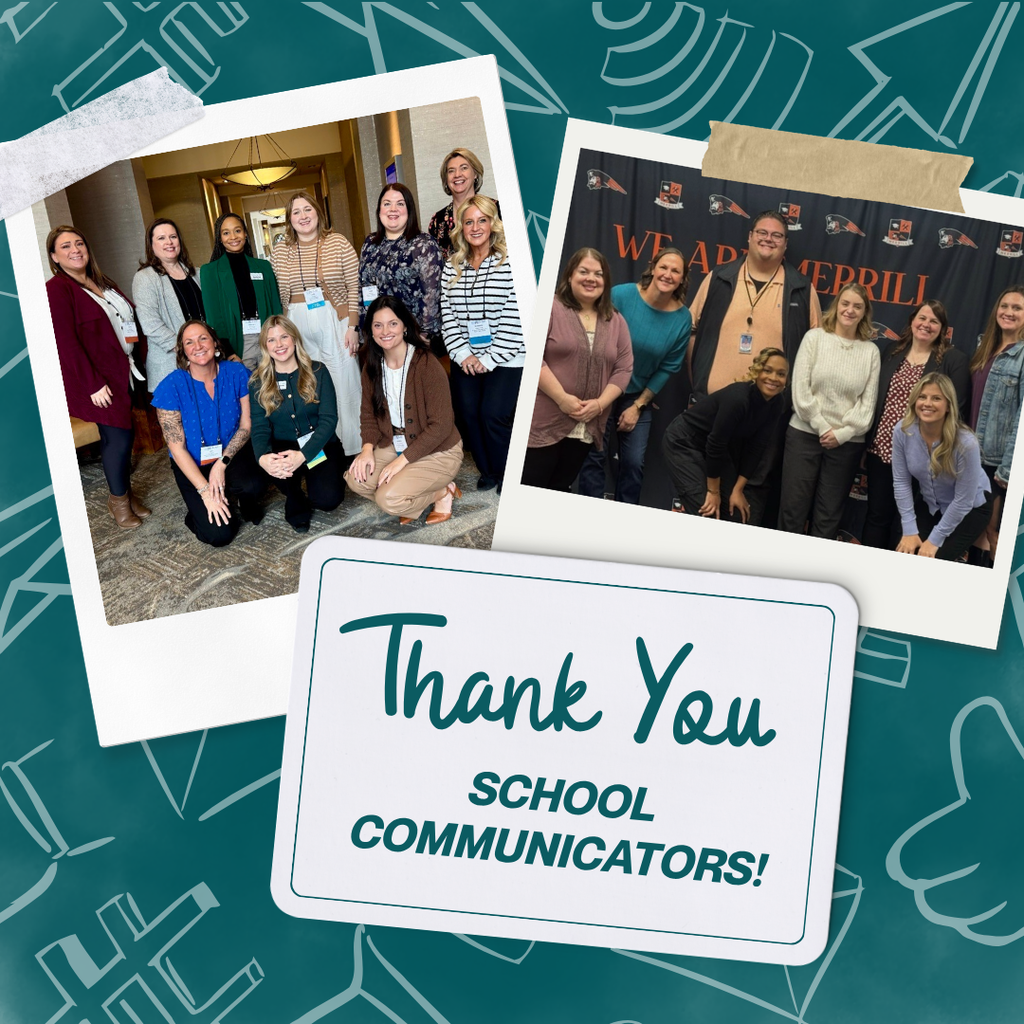 Collage of two photos showing groups of people in formal wear. A text overlay reads: "Thank You School Communicators!"