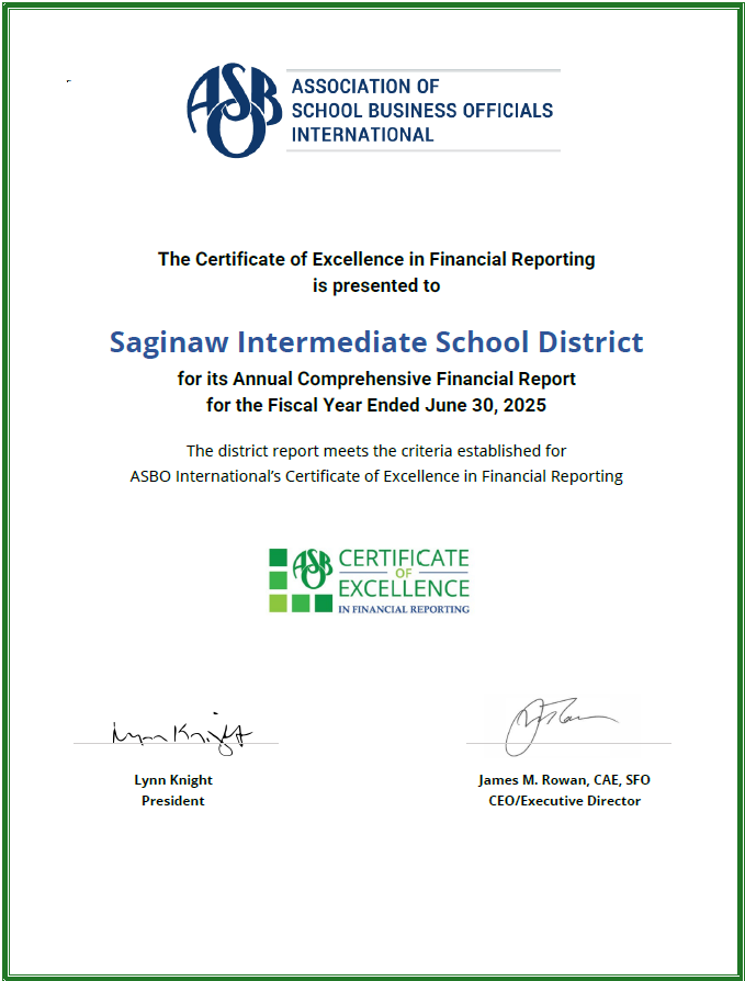 Document features a white background with green borders. Text reads: "Certificate of Excellence in Financial Reporting." Logos, signatures, and names appear at the bottom.