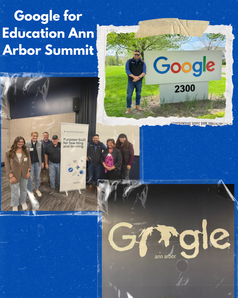 Collage-style graphic promoting the “Google for Education Ann Arbor Summit” on a textured blue background. The design features multiple photos arranged with a scrapbook aesthetic using torn paper and tape effects. One photo shows Mark Lyons standing outside next to a large Google sign with the address number 2300. Another photo shows a group of educators posing indoors beside a “Gemini for Education” banner that reads “Purpose-built for teaching and learning.” A third image shows a “Google Ann Arbor” wall sign inside the building. The title “Google for Education Ann Arbor Summit” appears in large white text along the left side of the graphic.