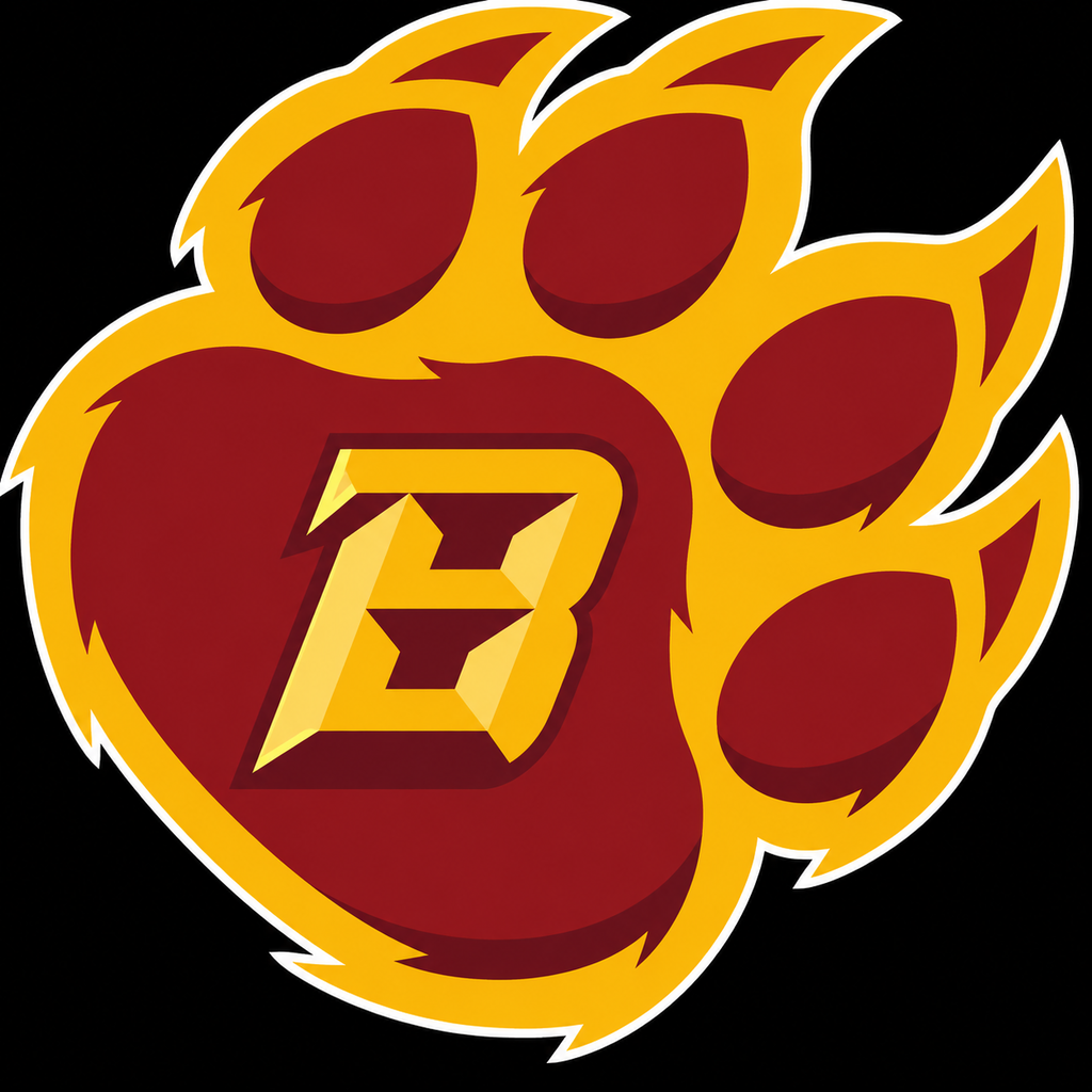 An emblem with a red bear paw and yellow flame design. The letter "B" is centered in gold.
