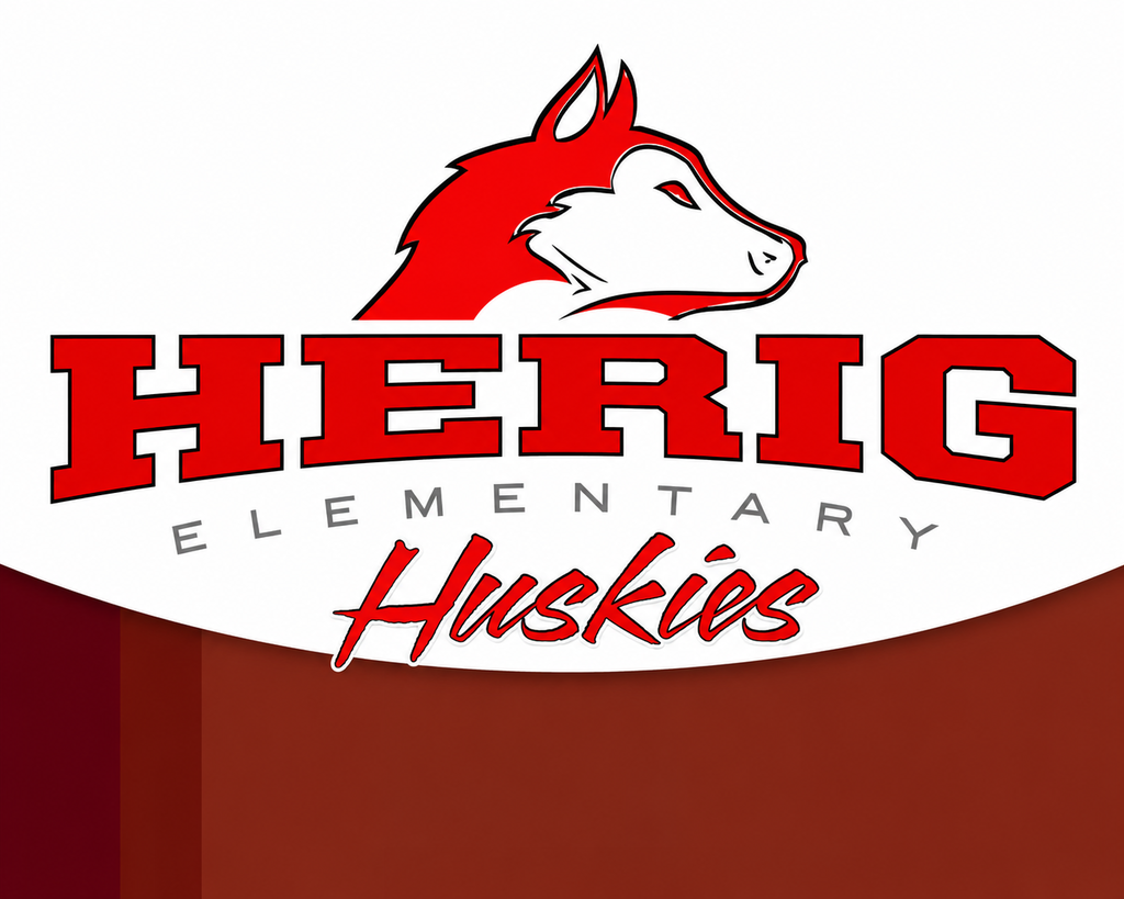 A white-bordered emblem features a red wolf head above "HERIG ELEMENTARY Huskies" in red text.