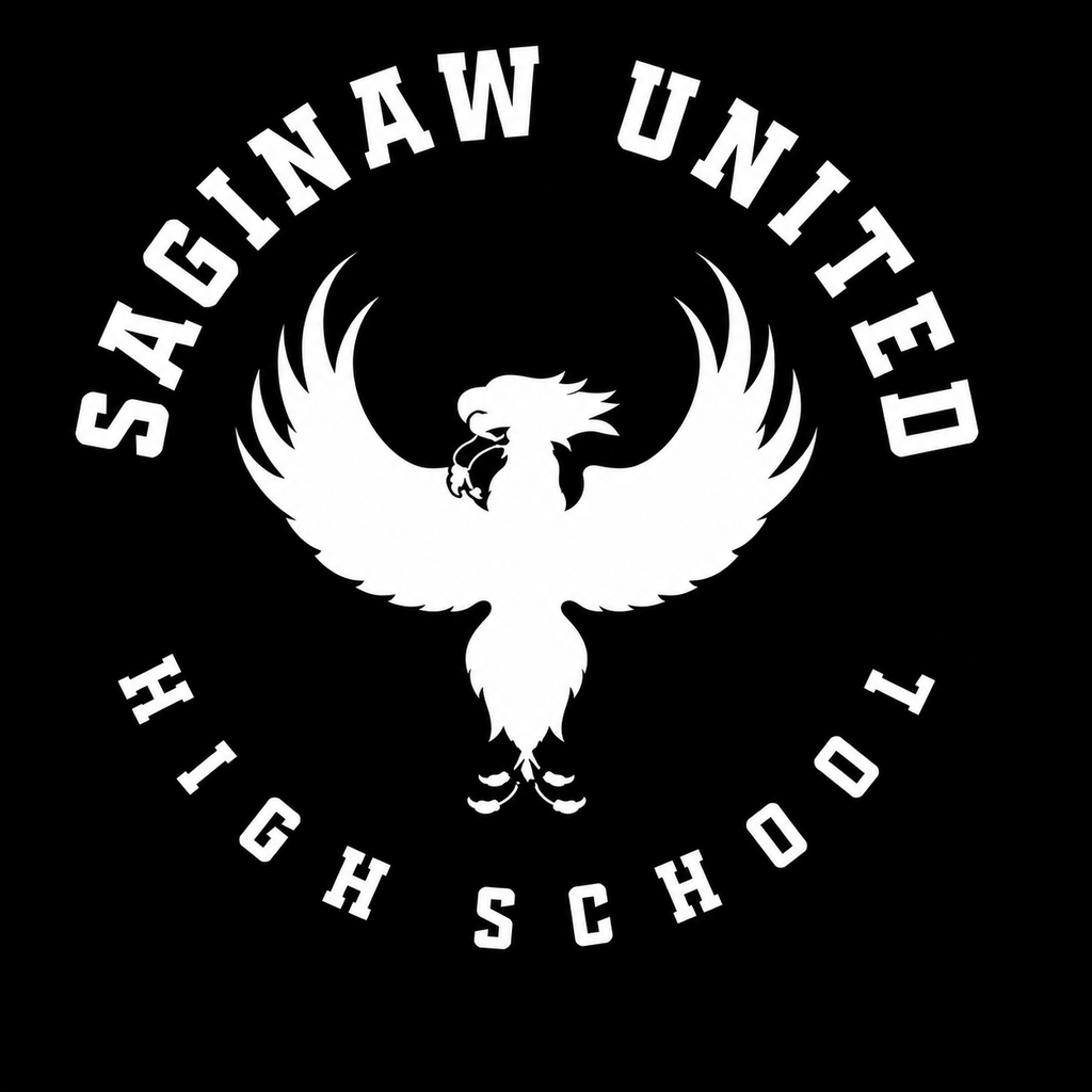 Black background with a white eagle logo, text reads "Saginaw United High School" at the top.