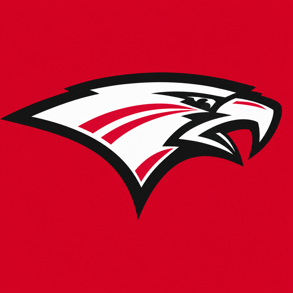 A stylized eagle head, beak open, with red, white, and black colors on a red background.