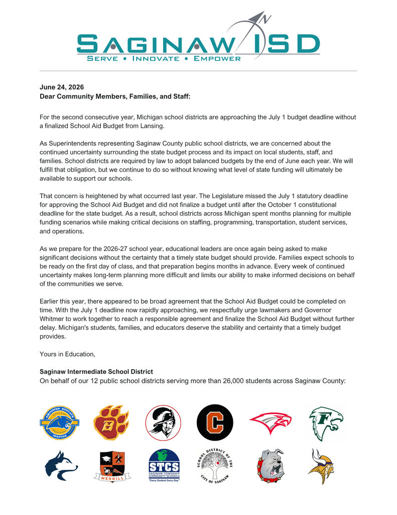 A letter from Saginaw ISD. A list of logos for local school districts. The letter discusses the budget deadline.