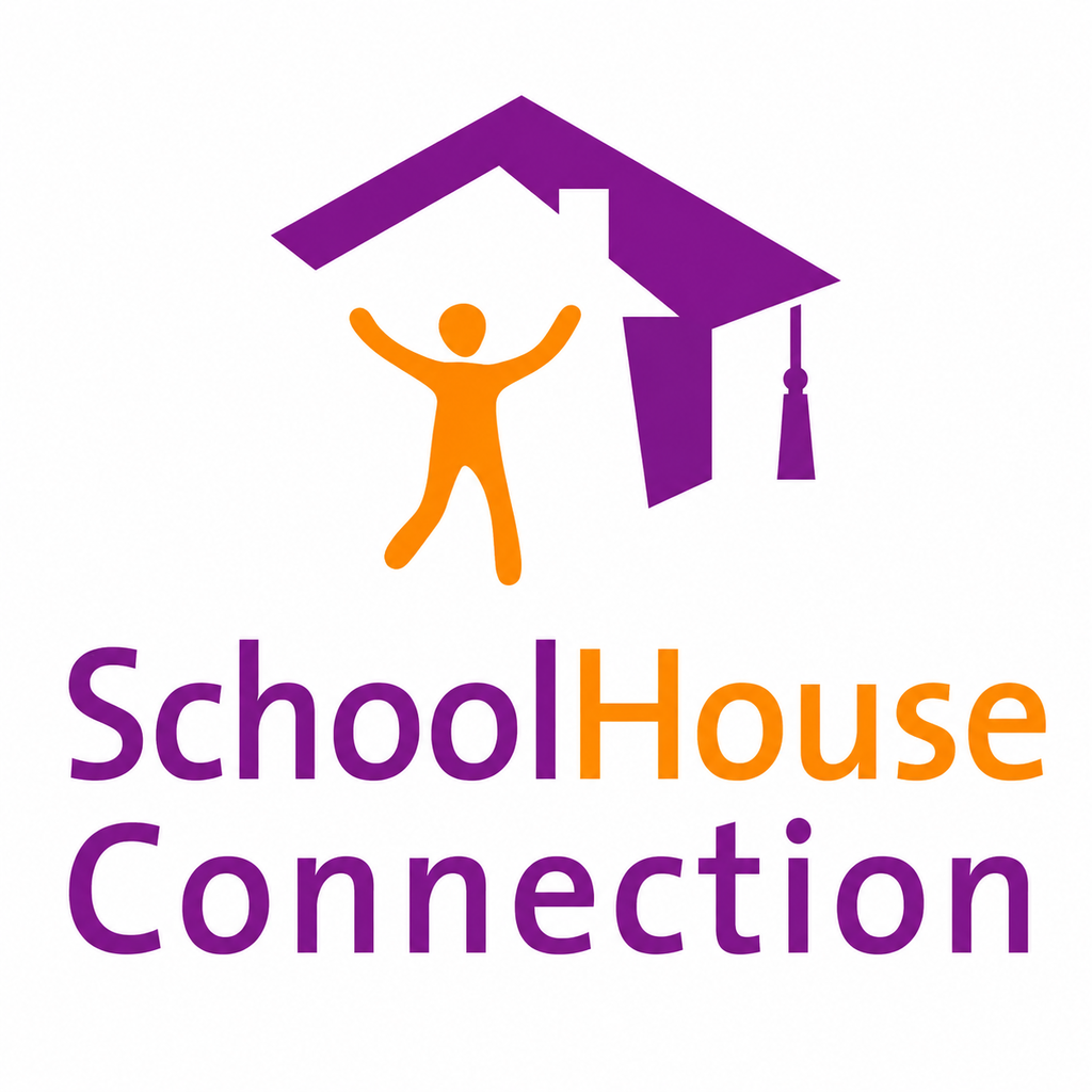 A logo with a figure jumping, a house, and a graduation cap. Text reads "SchoolHouse Connection".