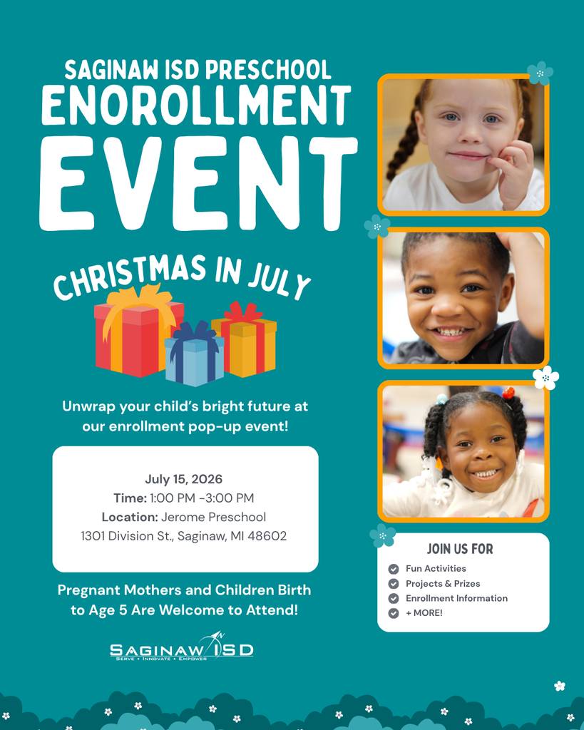 Blue flyer with a white envelope. Photos of three children are present. Text reads "Saginaw ISD Preschool Enrollment Event."